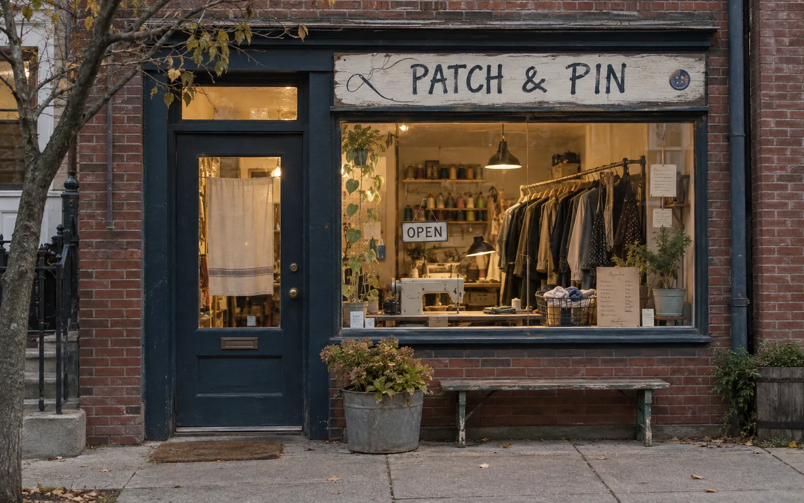 Patch & Pin — before: a small brick alterations shop with a rough hand-painted sign and scattered paper service notes.