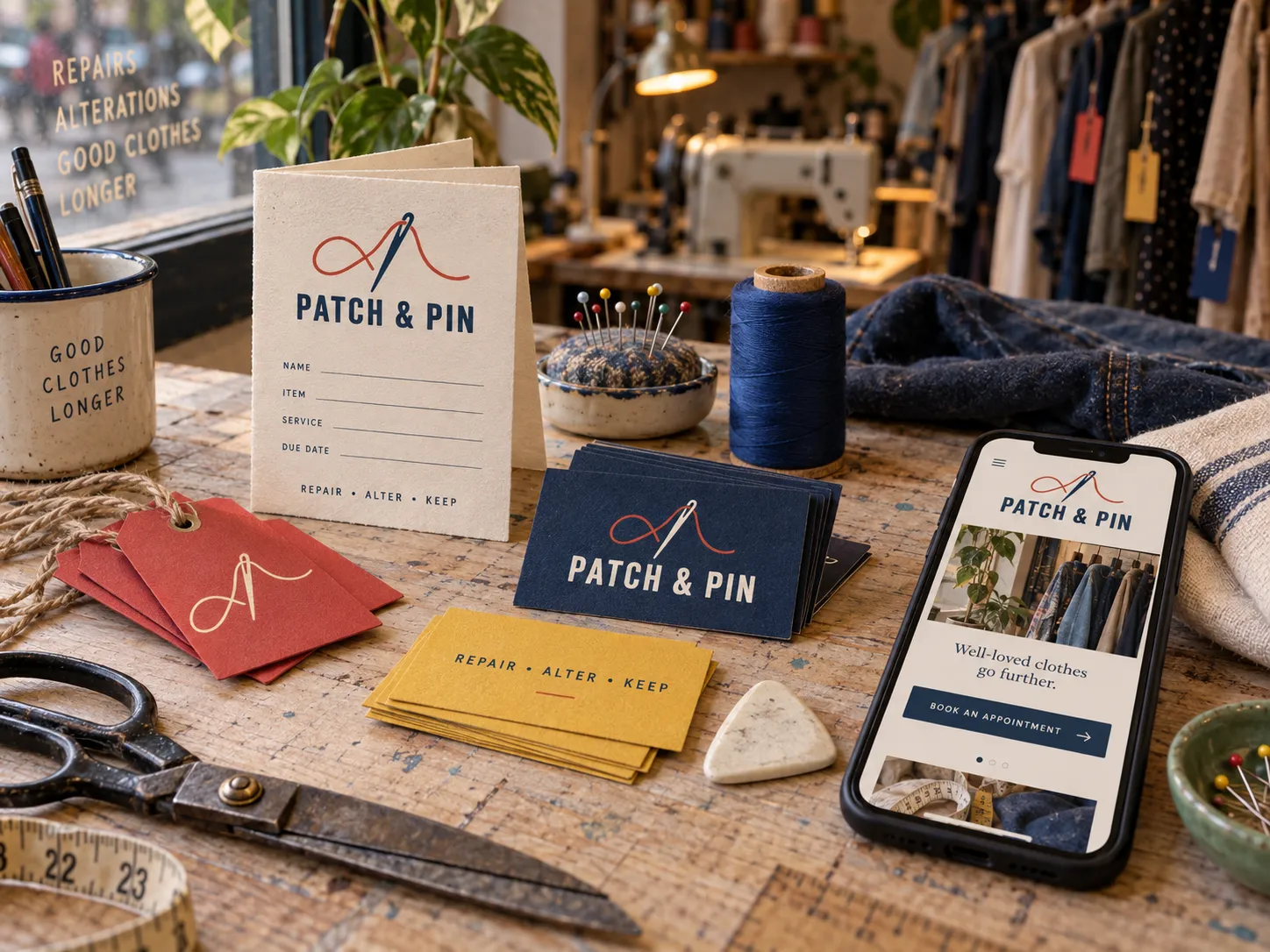 Patch & Pin repair tickets, appointment cards, garment tags, and mobile booking site arranged on a worn sewing table.