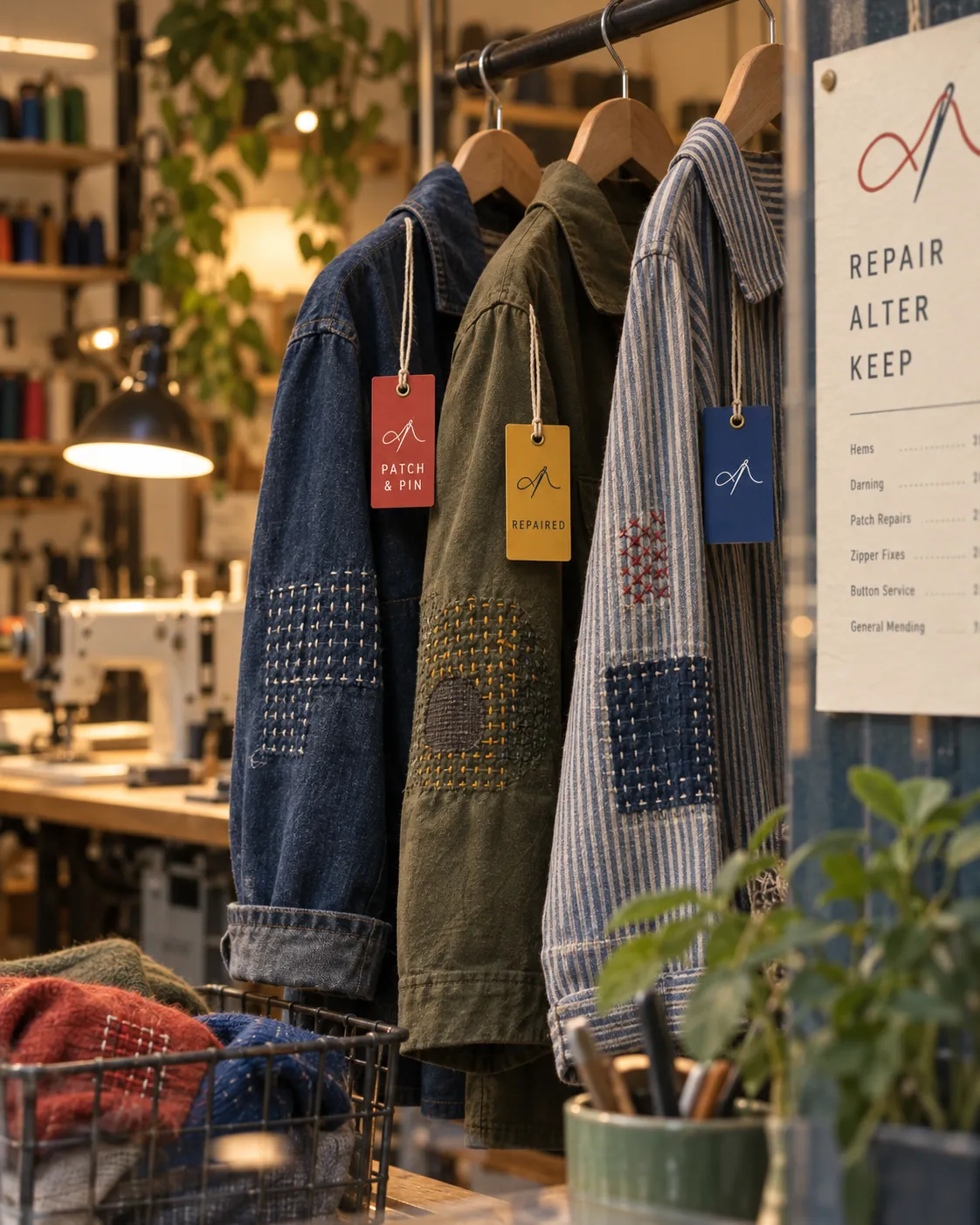 Repaired jackets with colorful Patch & Pin tags and visible mending stitches inside the shop.