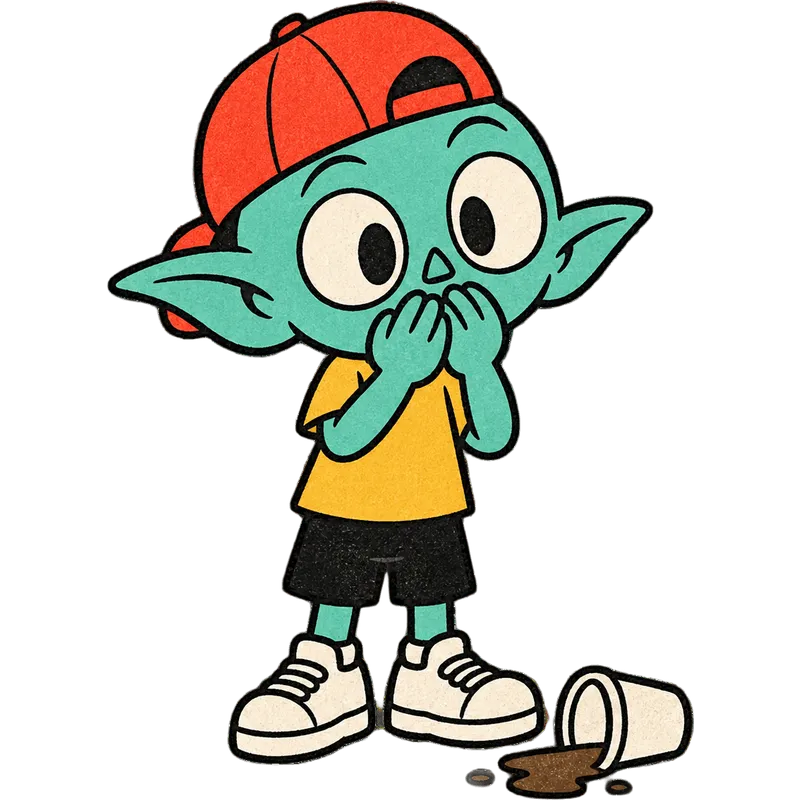 The Gremlin claps both hands over his mouth next to a spilled coffee.