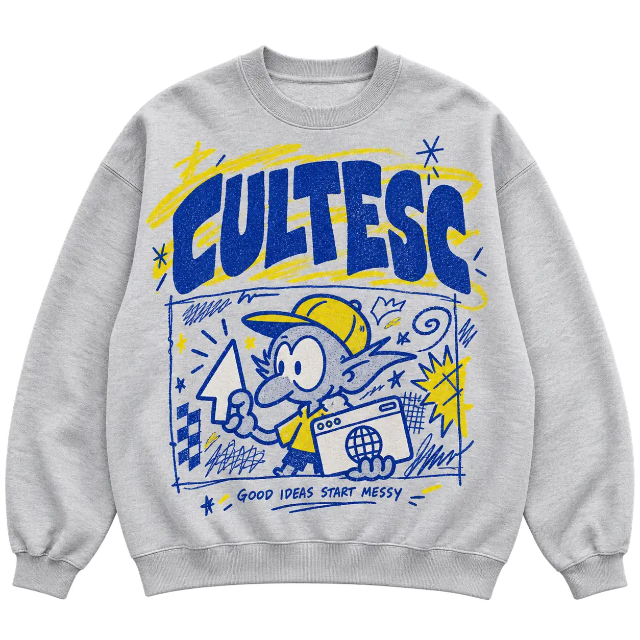 Rough Draft crewneck — Ash grey / cobalt / acid yellow design mockup