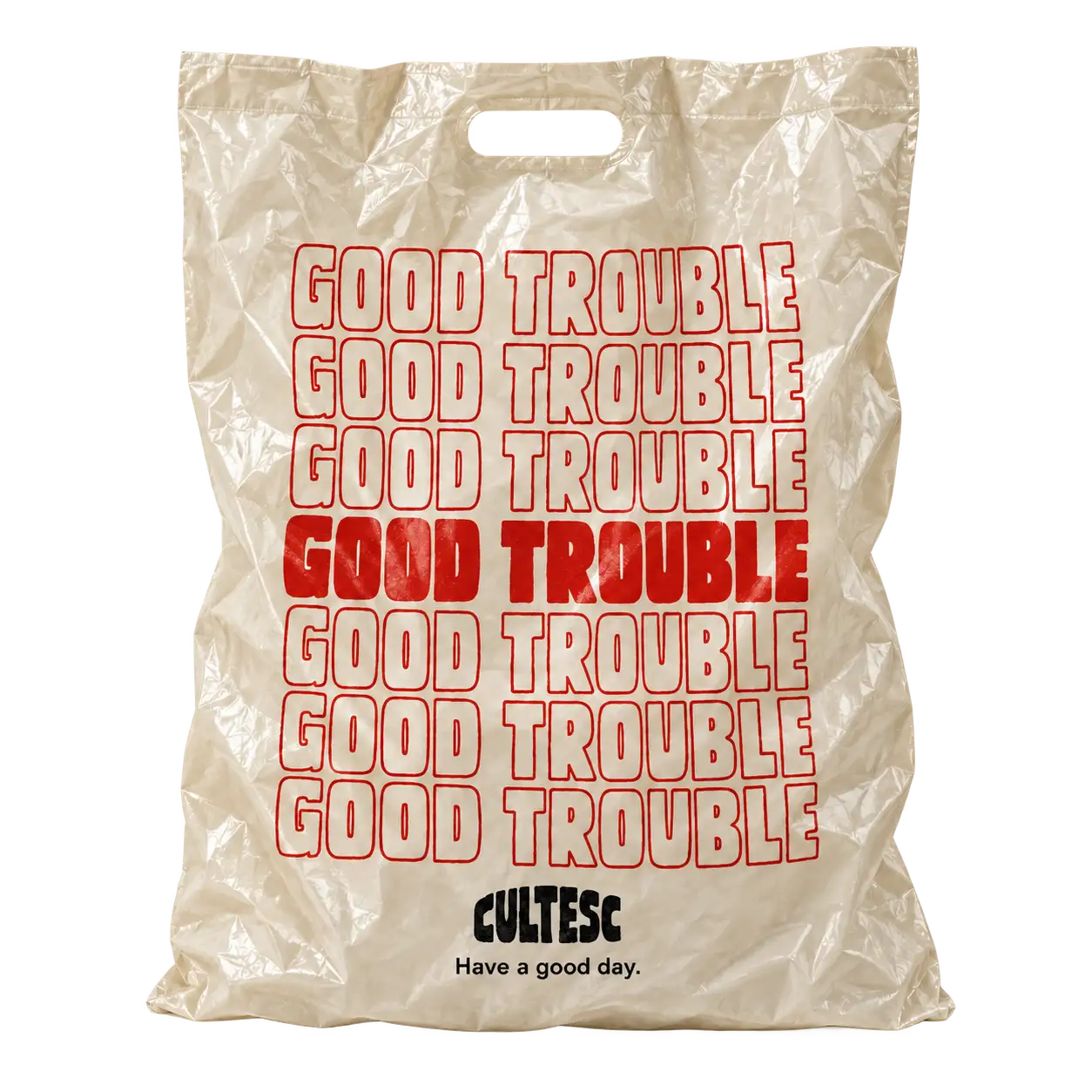 Good Trouble plastic bag — Cream / tomato design mockup