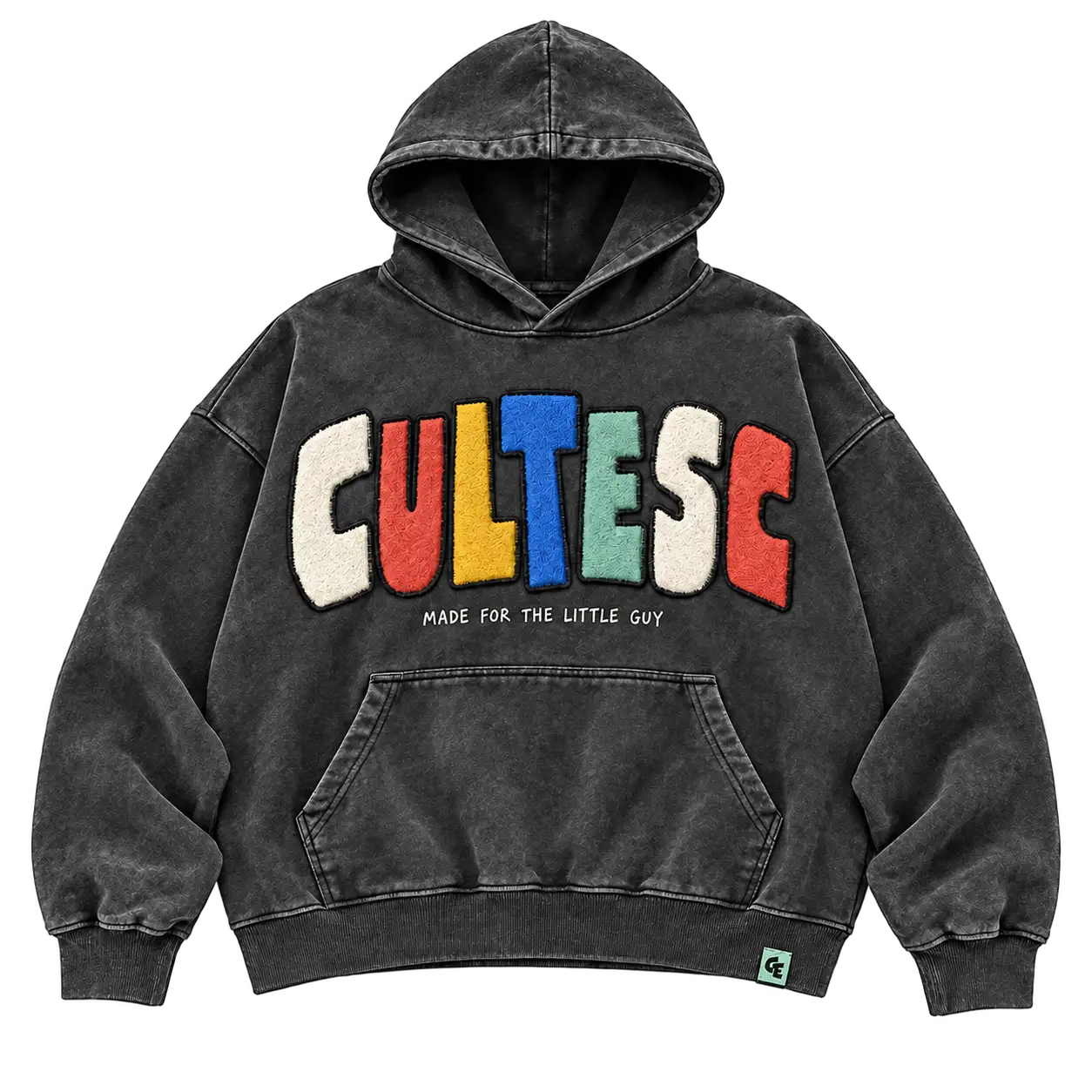 Cut & Paste hoodie — Washed charcoal / multicolor design mockup