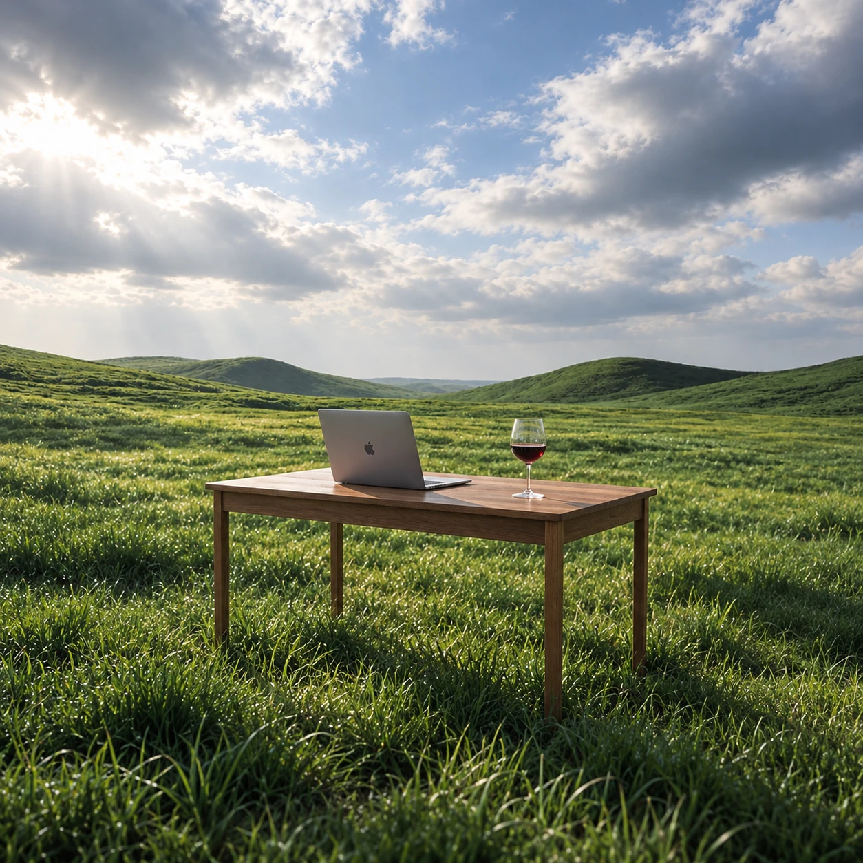 An open MacBook and a glass of red wine on a wooden desk in a green meadow.